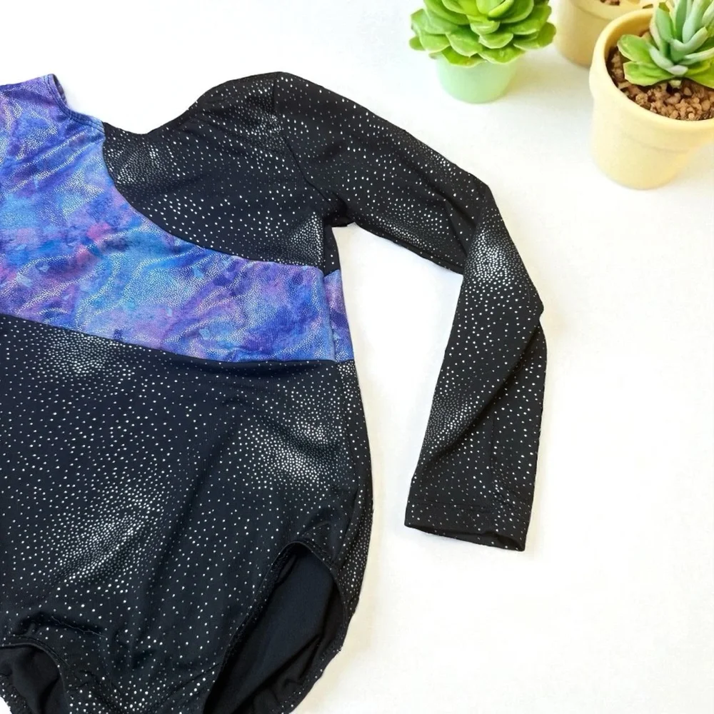 140 (size 9-10) Children's Long Sleeved Leotard in black, purple, and blue